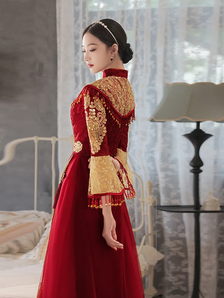 Chinese Bride Wedding Dress Qipao Classic Mandarin Collar Cheongsam Evening Party Dress Patchwork Embroidery Lace Maxi Dress