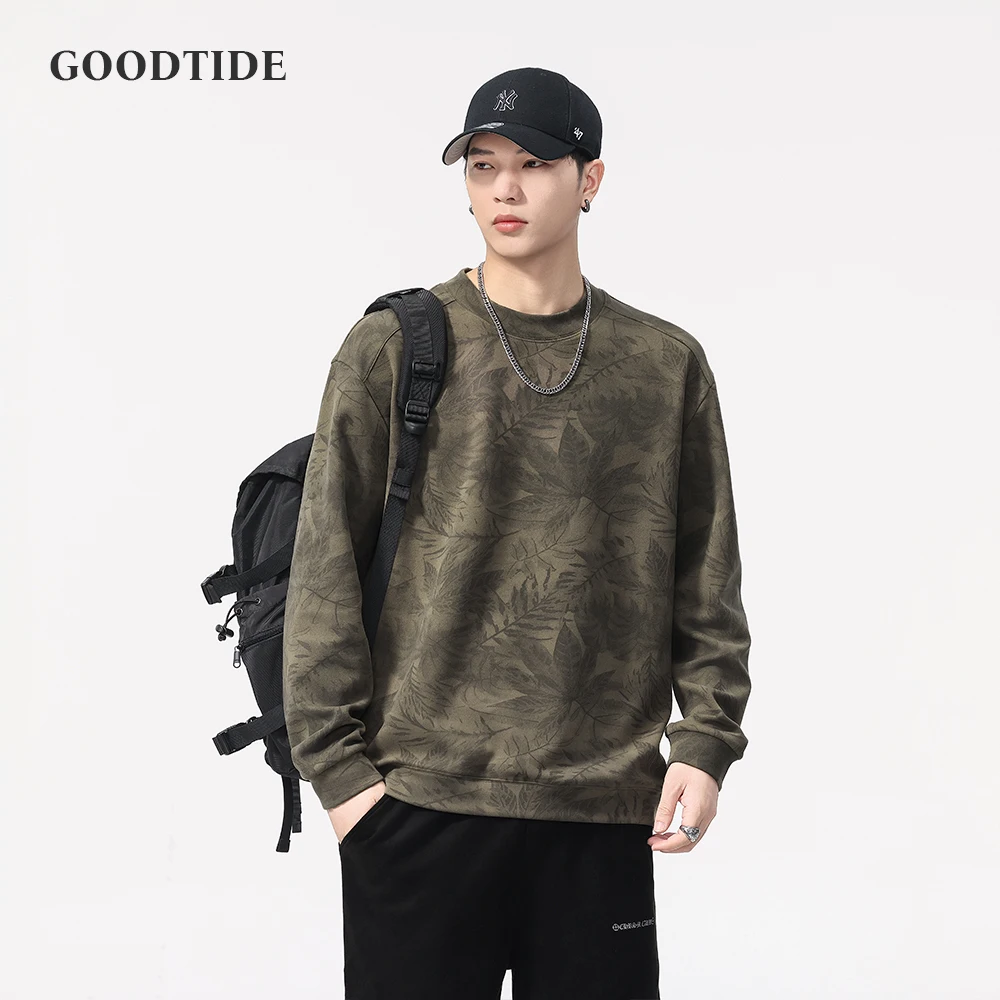 

Fashion Men's Maple Leaf Print Long Sleeve T-Shirt 2025 Spring and Autumn New 290g Retro Loose Round Neck Top Pullover