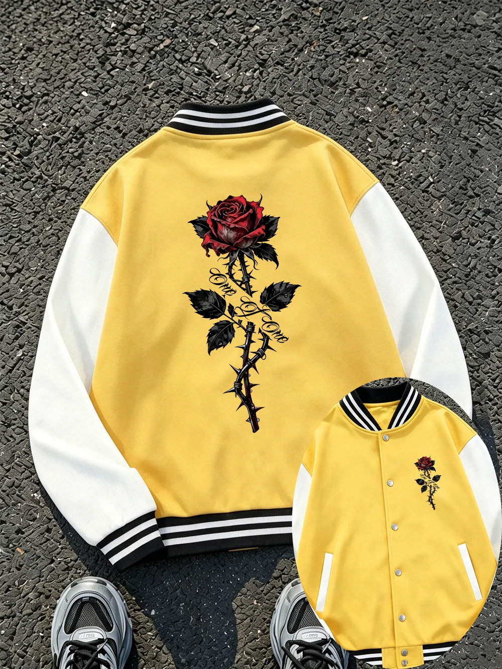 Vintage-Rosen-Print-Jacken für Männer, Lässige Baseball-Jacken, Winter-Fleece, Warme Bequeme Mäntel, Casual-Jacken mit Taschen, Herrenbekleidung – Detail 9