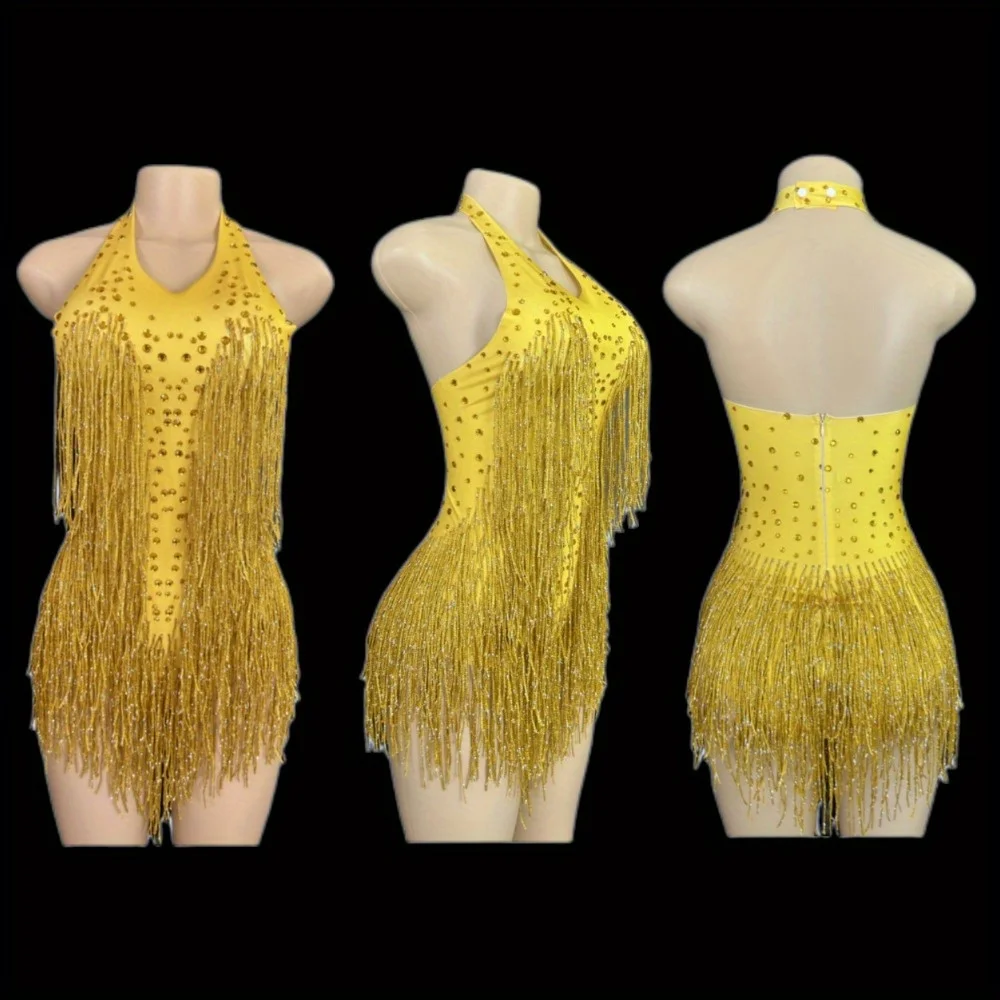Body con flecos y diamantes de imitación brillantes para mujer, traje de baile para fiesta, ropa de escenario, leotardo Sexy con borlas, ropa de actuación