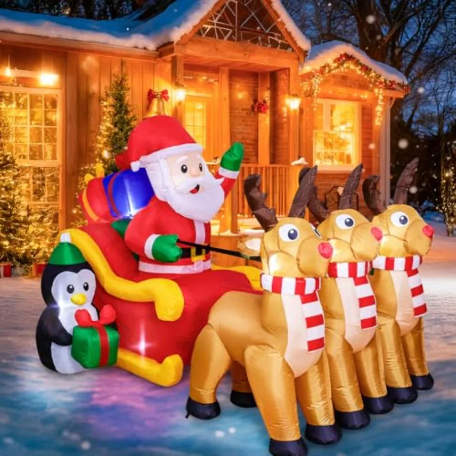 

7.6 FT Christmas Inflatables Santa Sleigh and Reindeer Outdoor Decoration with Built-in LED Lights in Red and White for Xmas Pa