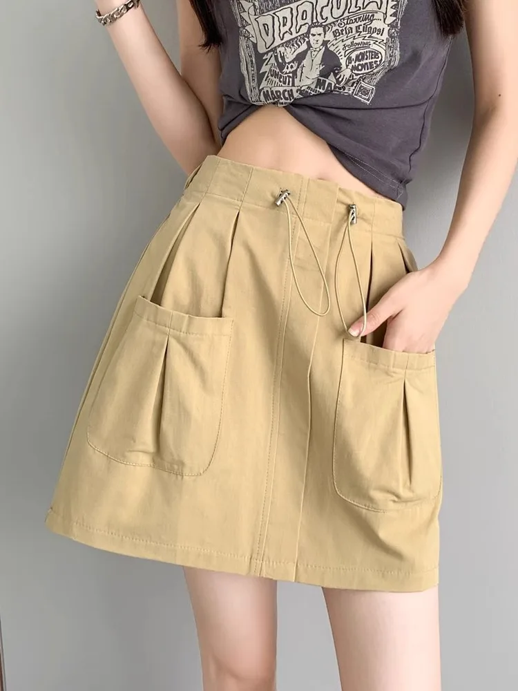 

ay American Workwear Skirt Women Summer New Anti-Light Dstring Elastic High Waist A-Line ort Skirt Pants