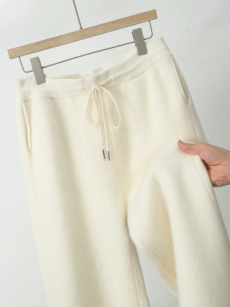 

Men Wool Banana Pants Autumn Winter Loose Thicken Pencil Pants Drawstring Elastic Waist 100% Merino Wool Knitted Casual Trousers