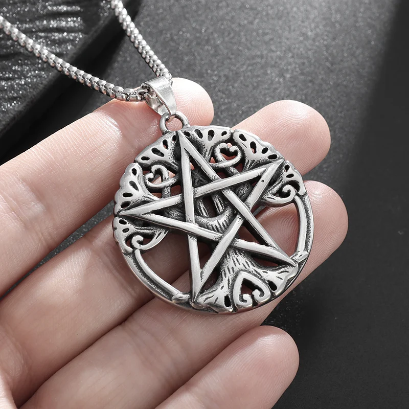 Wiccan Necklace Pagan Pendant Men Women Stainless Steel Silver Plated Pentagram Nordic Raven Mystic Necklace