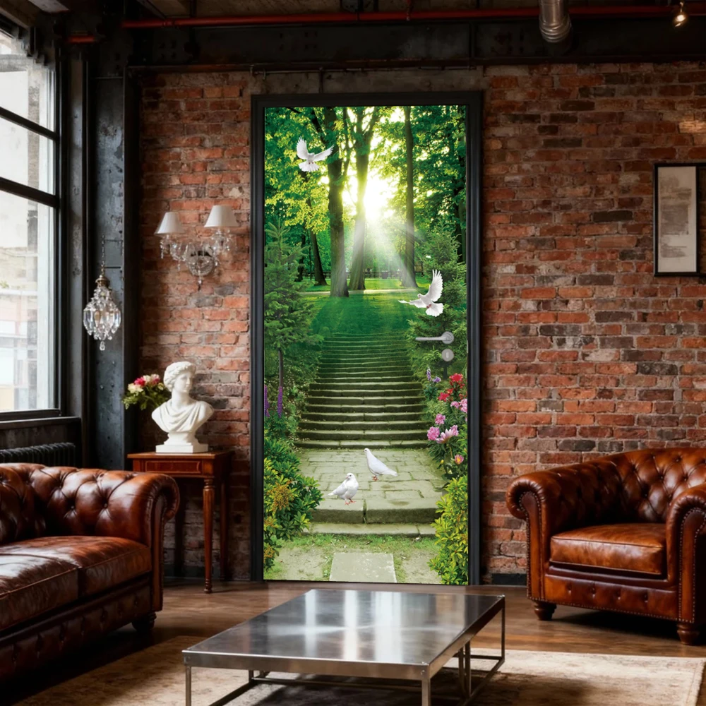 Self-adhesive Door Stickers Sunlit Forest Stairway With White Doves Vinyl Fridge Cover Decal Peel and Stick Wallpaper for Home