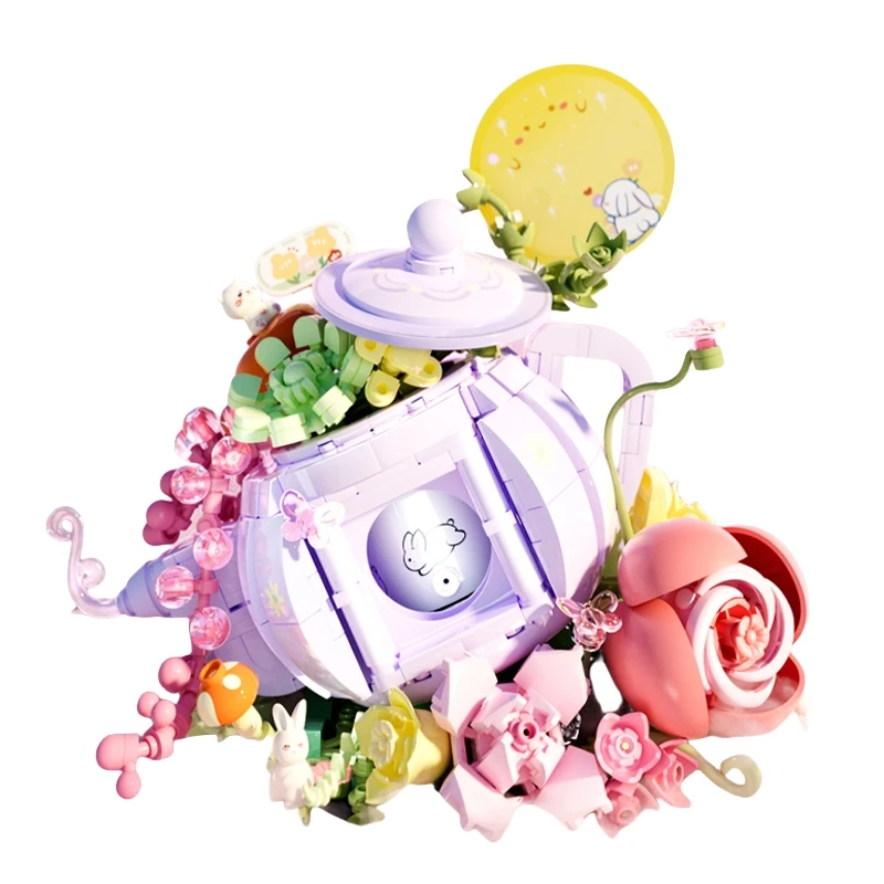 878ピース クリエイティブフラワーワークショップ 組み立てブロック 女の子の誕生日プレゼント 照明付きフラワーティーポット ウサギ 月 可愛いモデル組み立てブロック