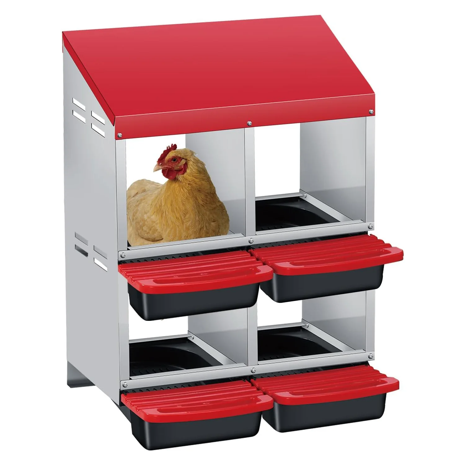 

Chicken Nesting Box 4 Compartment Roll Away Design Automatic Roll-Out Egg Collection with Perch Wall Mount for Hens Ducks Rabbit