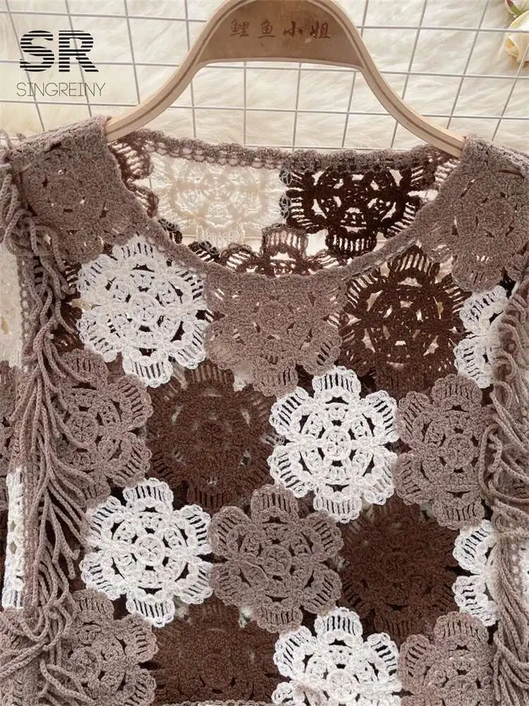 BabYoung Flower Hook Sunscreen Shirt Women Hollow Out Vintage O Neck Long Sleeve Ladies Summer Casual Tassel Short Blouse