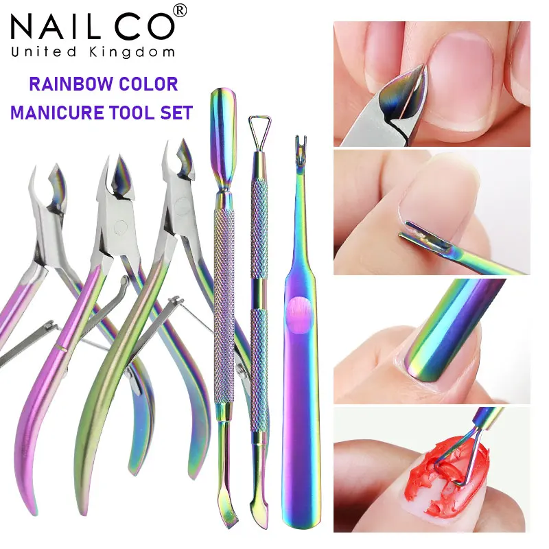 NAILCO Pro Stainless Steel Rainbow Color Manicure tool Full Set Cuticle Clipper Pusher Dead Skin Remover Kit Nail Art Beauty