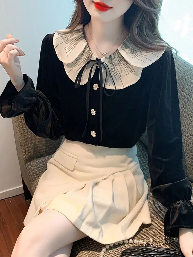 

Бархатная блузка с милым воротником и бантом на шнурке, осень 2022, женская одежда с длинными рукавами, стильная однобортная рубашка с жемчугом TT344