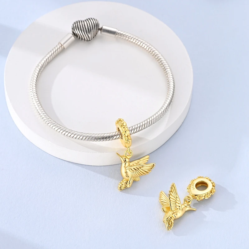 New Original 925 Sterling Silver Gold Hummingbird Charms Bead Dangle For Women Fine DIY Birthday Party Jewelry Gifts