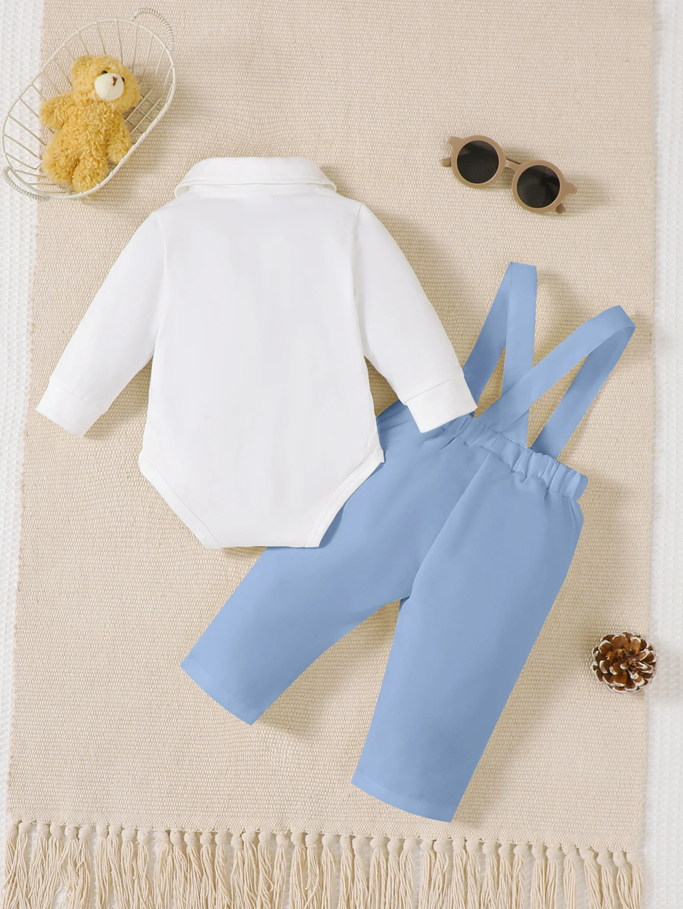 Newborn Baby Boy Spring Autumn Set lapel Bow jumpsuit+Blue Pants Two piece Set for 0-18 Months Baby Boy, Little Gentleman Set