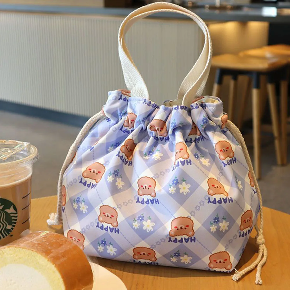 Lunch Bag Cartoon Flowers Canvas Lunch Box Drawstring Picnic Tote Eco Bento Bag Small Handbag Dinner Container Food Storage Bags