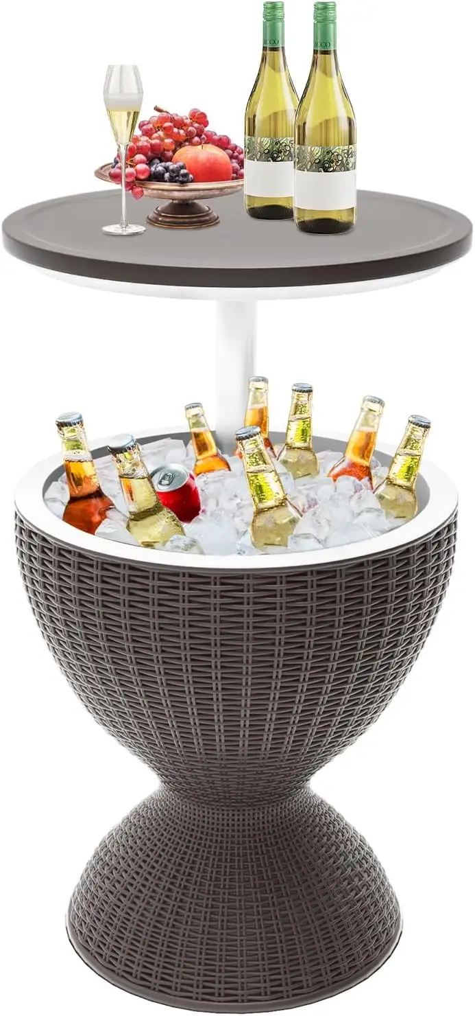 

Patio Cool Bar Table, Height-Adjustable Outdoor Bar Tables 8 Gallon Beer and Wine Cooler, 3-in-1 Rattan Style Ice Cooler with Dr
