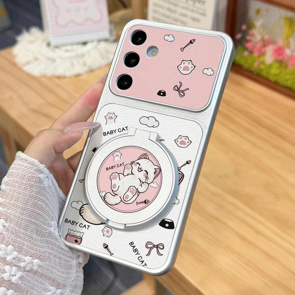 Pink Baby Cat Faux Leather Phone Case For Samsung S26 Ultra S26 Plus S25 S24 S23 Ultra A56 A36 TPU Back Cover With Stand/Lanyard