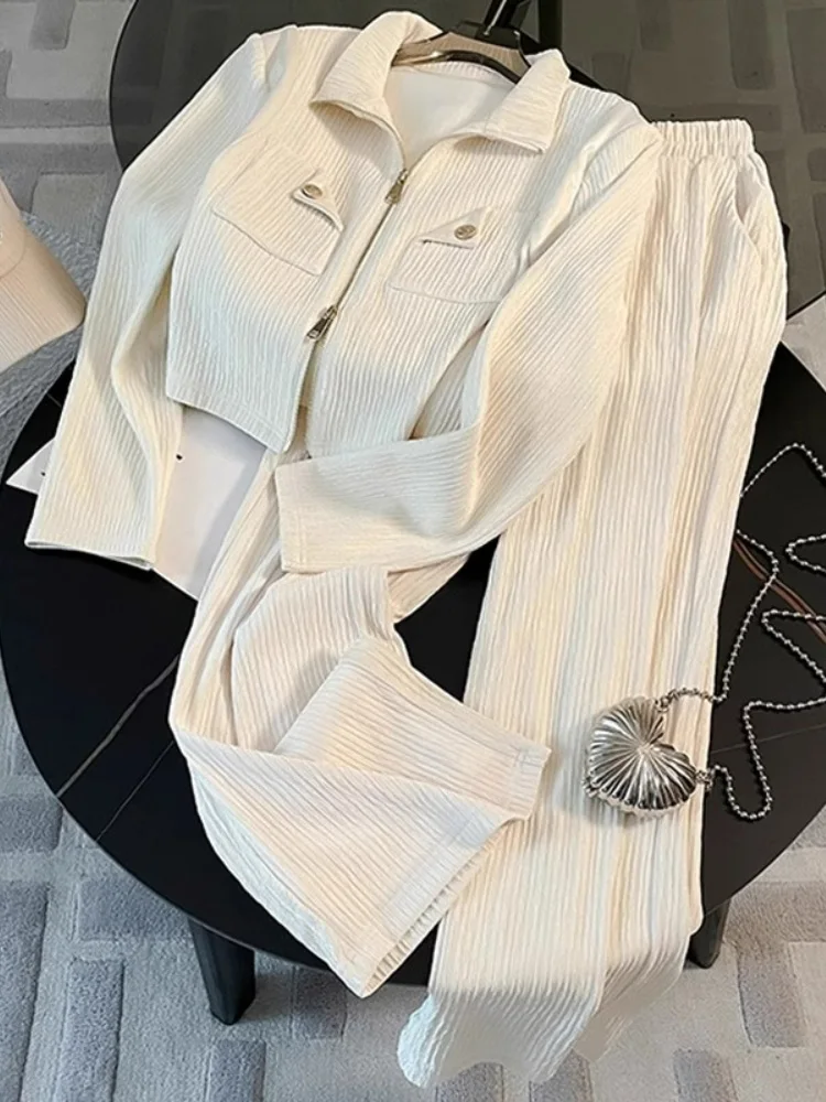 Autumn Winter Women's Casual Sports 2Pcs Clothing Sets 2024 New Solid Long Sleeved Lapel Jacket High Waisted Wide Leg Pants Suit