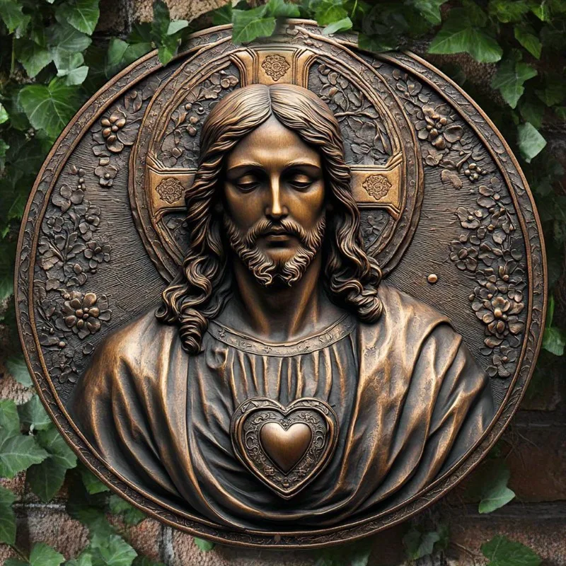 Decorative Jesus Theme Aluminum Round Wreath Sign, Flat 2D Metal Wall Art for Home, Office,  Ideal for Christmas Wall Decor