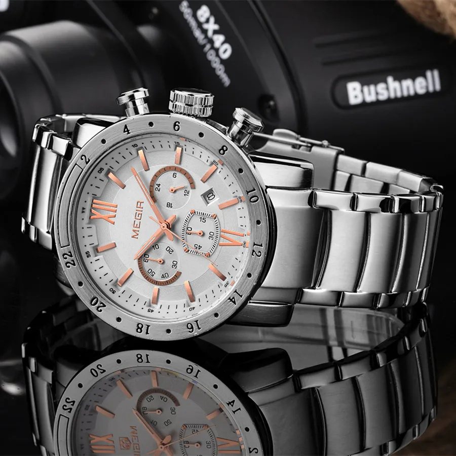 MEGIR Stainless Steel Casual Watches for Men Waterproof Luminous Dial Man Quartz Business Wristwatch with Chronograph Auto Date view 3