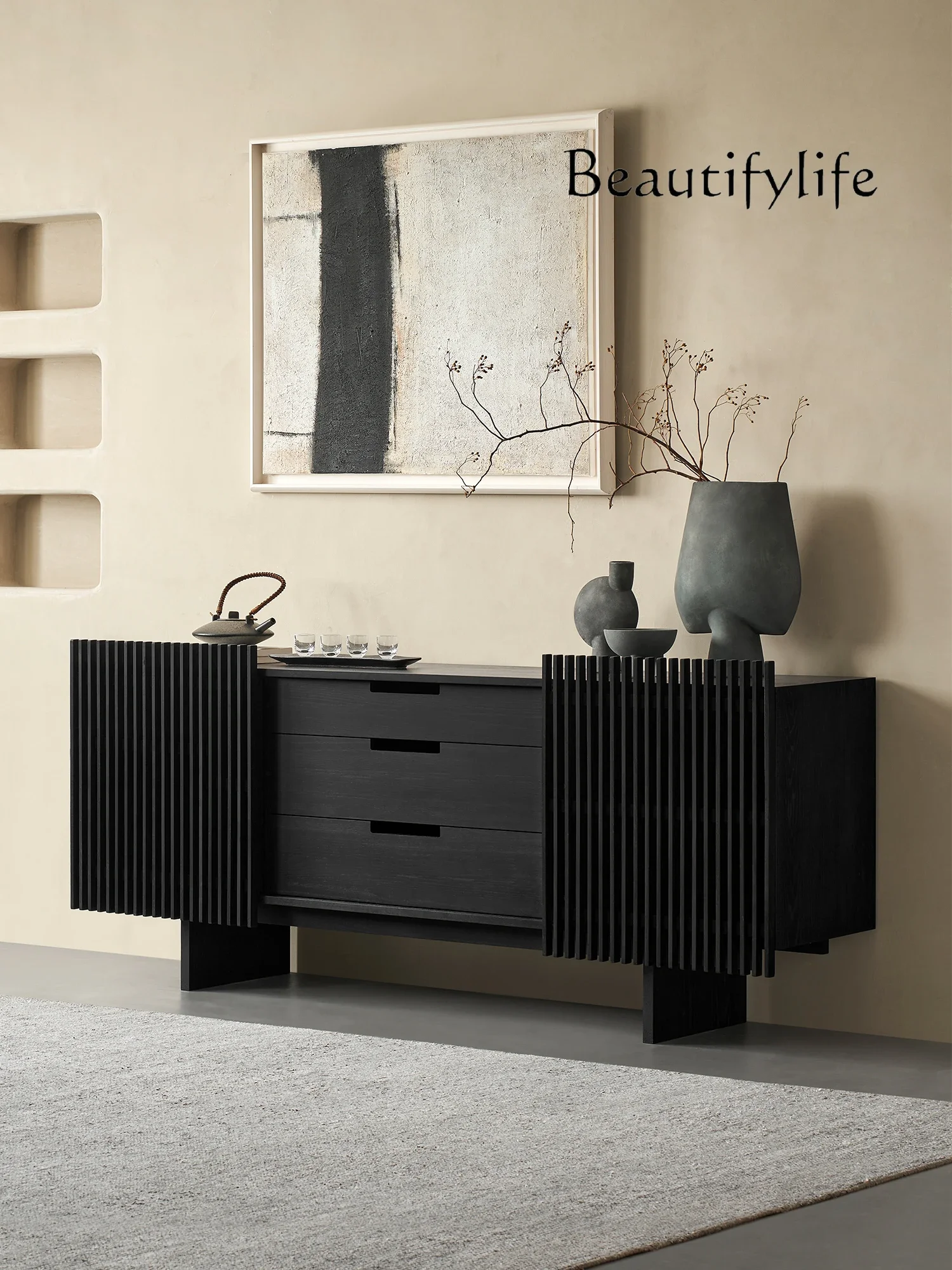 White Solid Wood Dining Side Cabinet Retro Entrance Cabinet Black Bedroom Storage Chest
