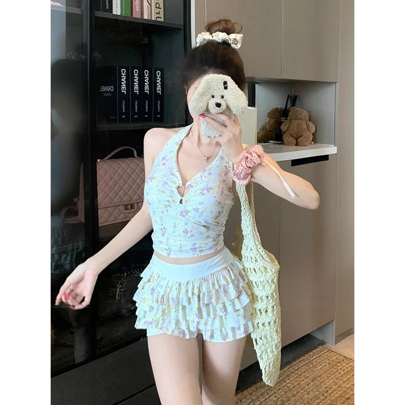 

Y2K 2 Piece Outfit Women Sexy Floral Halter Neck Crop Top Heart Ring Cutout Mini Ruffle Skirt Clubwear
