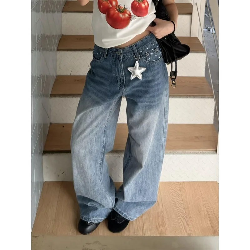 Vintage American Star Printed Loose Wide Leg Jeans Women Breathable Skin Friendly Washed Light Blue Floor Length Denim Pants New