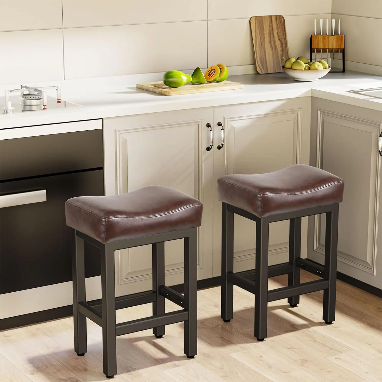 Bar Stools Set of 2, 24 Inch Barstools for Kitchen Island Counter, Bonded Leather Kitchen Stools with Thick Saddle Seats & Heavy