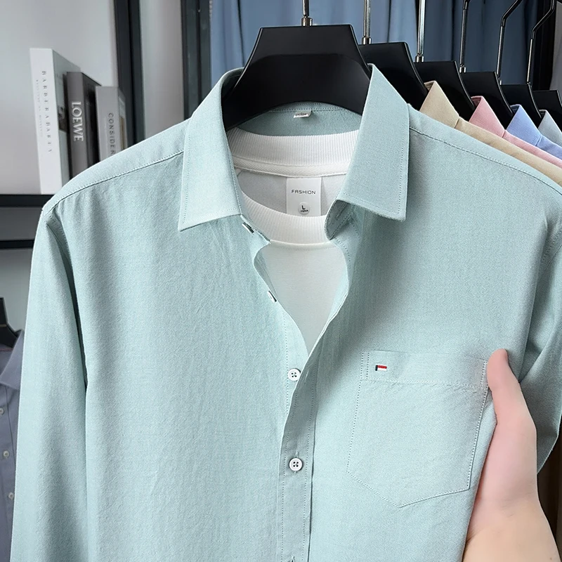 100% Cotton Men's Long Sleeve Shirt High-Quality Brand Embroidered Pocket Fashion New Luxurious Business Casual Solid Color Top