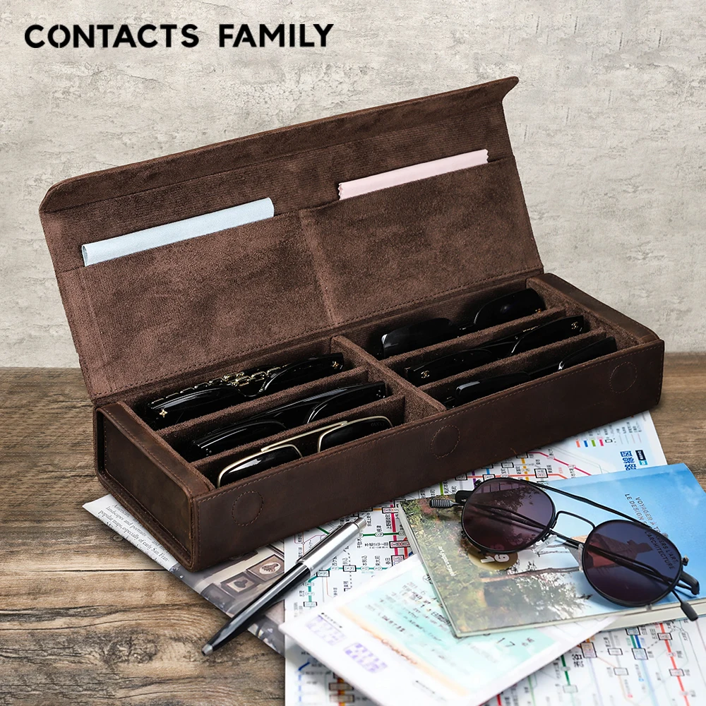 Retro Genuine Leather 2/3/4/6/8 Grids Eyeglasses Storage Box Sunglasses Glasses Display Case Family Travel Sunglasses Organizer