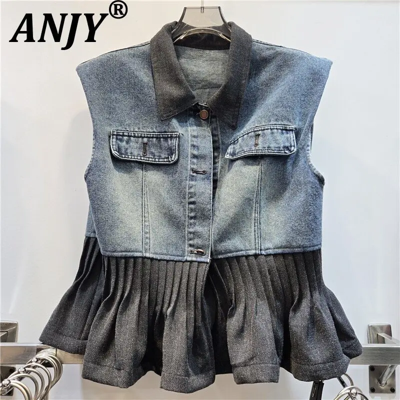 ANJY Spring Autumn New Women Design Chic Color-block Pleated Denim Vest Turn-Down Collar Sleeveless Loose Trend Waistcoat A27709