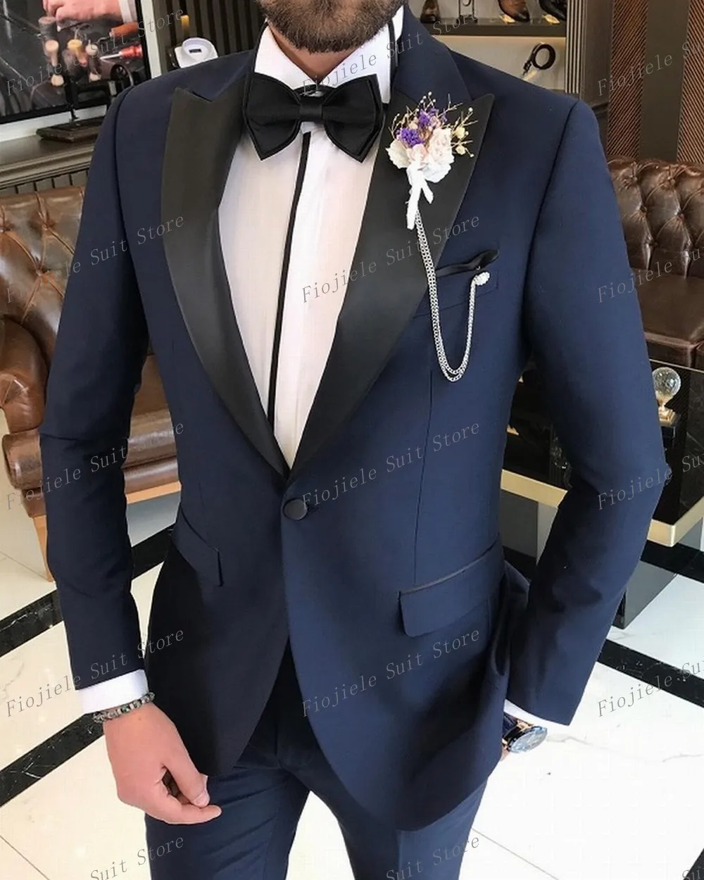 Navy Blue Men Business Suit Groom Groomsman Tuxedos Wedding Party Prom Casual Formal Occasion 2 Piece Set Jacket Pants