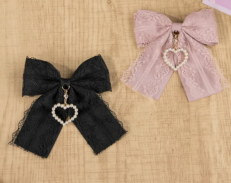 

Japanese Lolita Sweet Cute Handmade Lace Love Pendant Black Pink Bow Hairpin Clip Mine Mass Production Hair Accessories for Girl