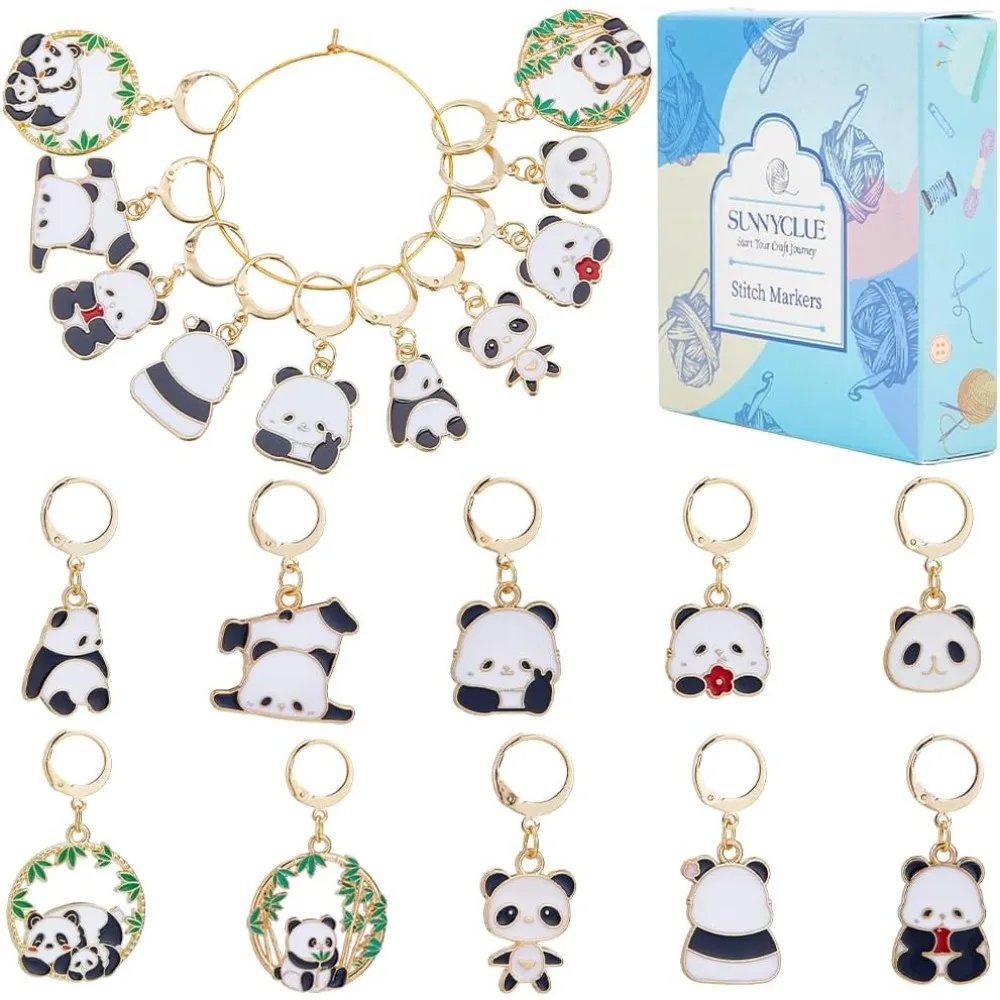 

1 Box 20Pcs Panda Stitch Markers Cute Crochet Marker Charms Enamel Animal Stainless Steel Leverback Clasps Metal Knit