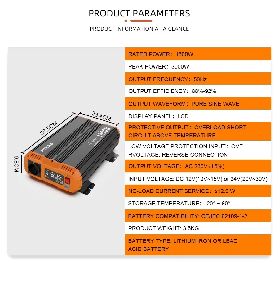 FCHAO 1500 Watt 50Hz Wechselrichter EU-Stecker DC 12V zu AC 220V/230V Reiner Sinuswellen-Wechselrichter für den Heimgebrauch, Wohnmobile und Outdoor-Reisen – Detail 2