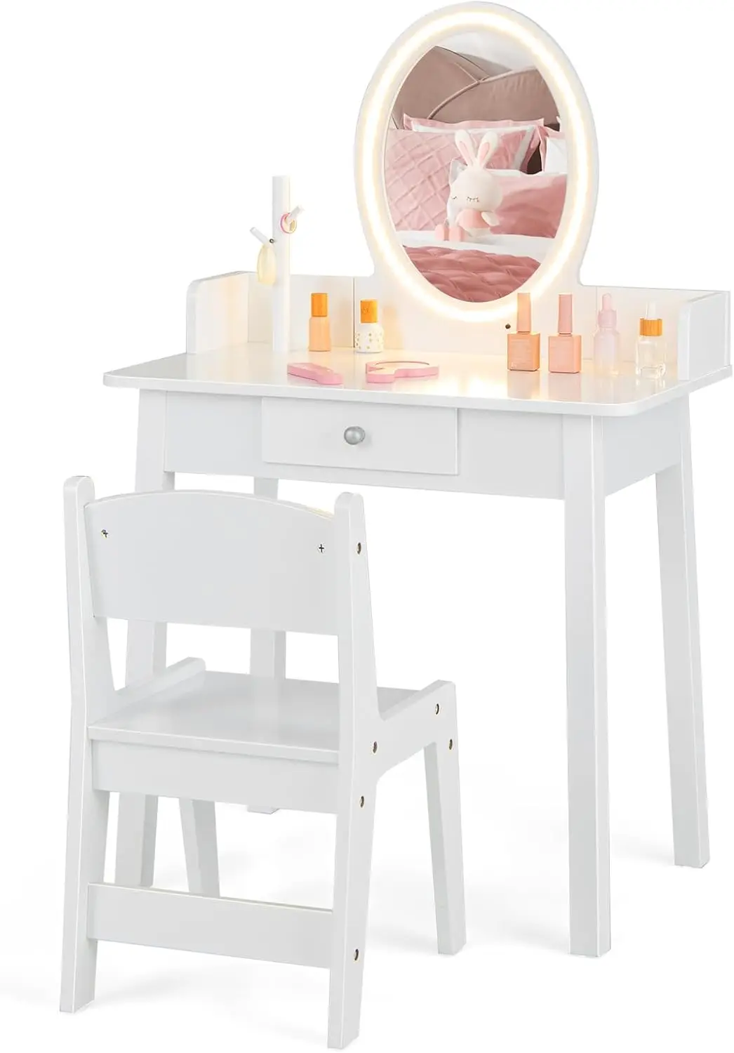 

Kids Vanity, Girls Vanity Set with Mirror and Stool and Lights, Drawer, Jewelry Rack, 2 in 1 Wooden Princess Makeup Desk