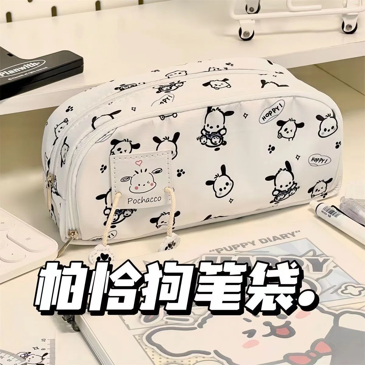 Sanrio Hello Kitty 2 Layers Pen Box Anime Printed Pochacco White Pencil Case Large Capacity Girl Korean School Offices Supplies