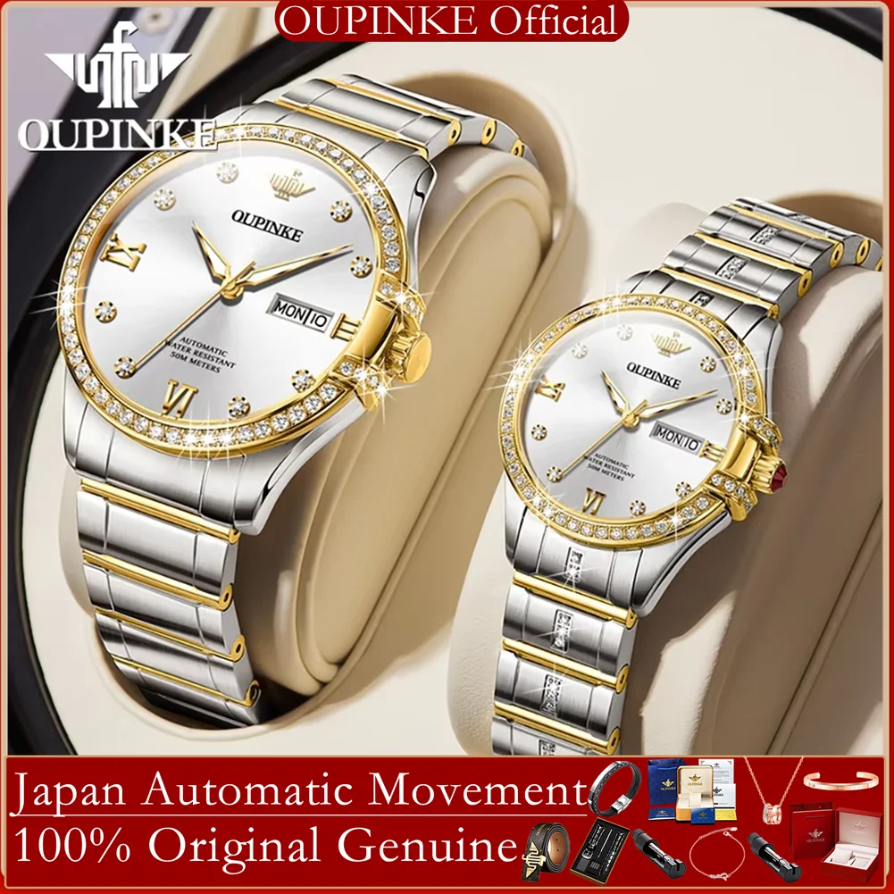 

OUPINKE 3195, оригинальные роскошные часы для пар, сапфировое зеркало, инкрустированные бриллиантами, японские автоматические механические наручные часы для мужчин и женщин
