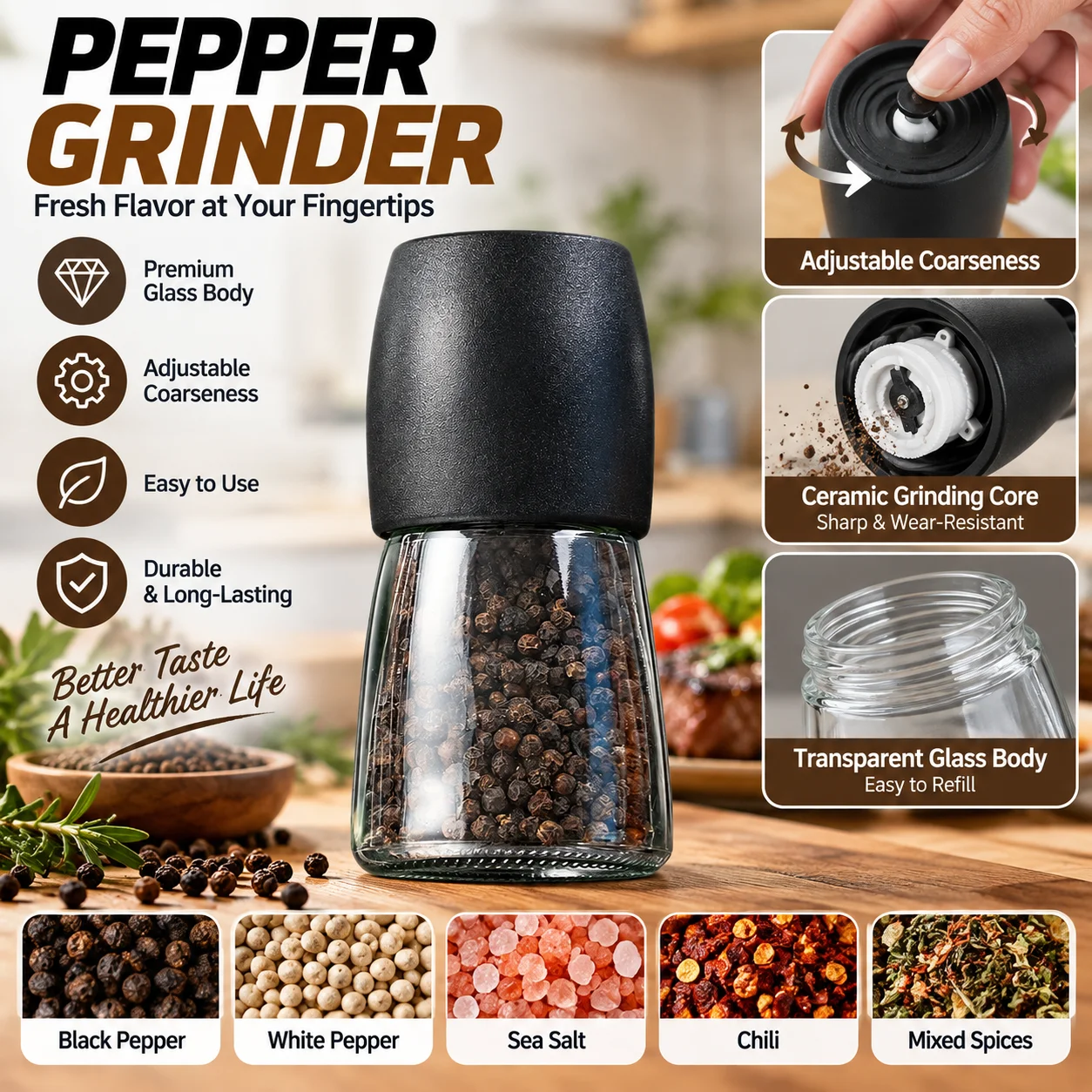 Ceramic Burr Pepper Grinder 180ml Adjustable Coarseness Manual Mill for Sea Salt Black White Peppercorns Sichuan Spice Kitchen