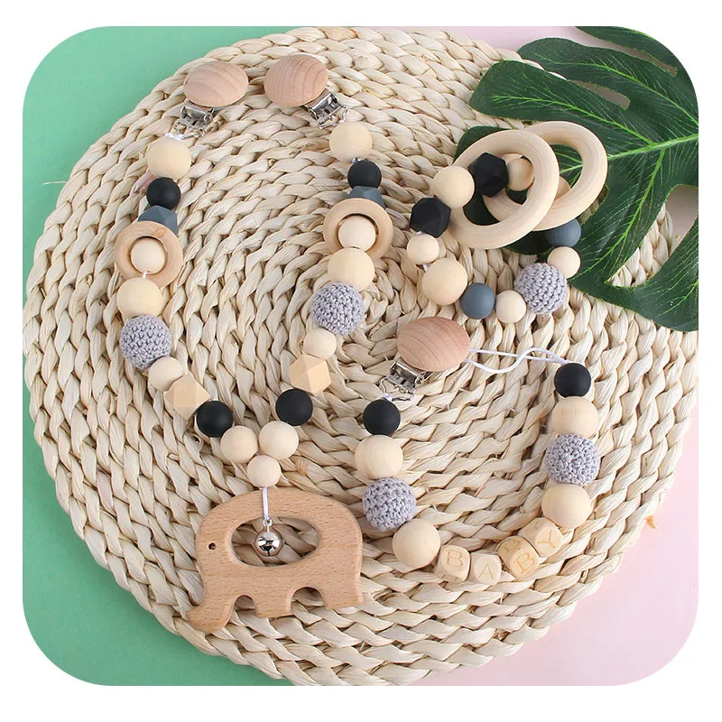 Baby Rattles Wood Teether Baby Bed Hanging Rattles Toy Make Noise Bird Elephant Shape Crochet Beads Bracelet Pram Clip Rattle