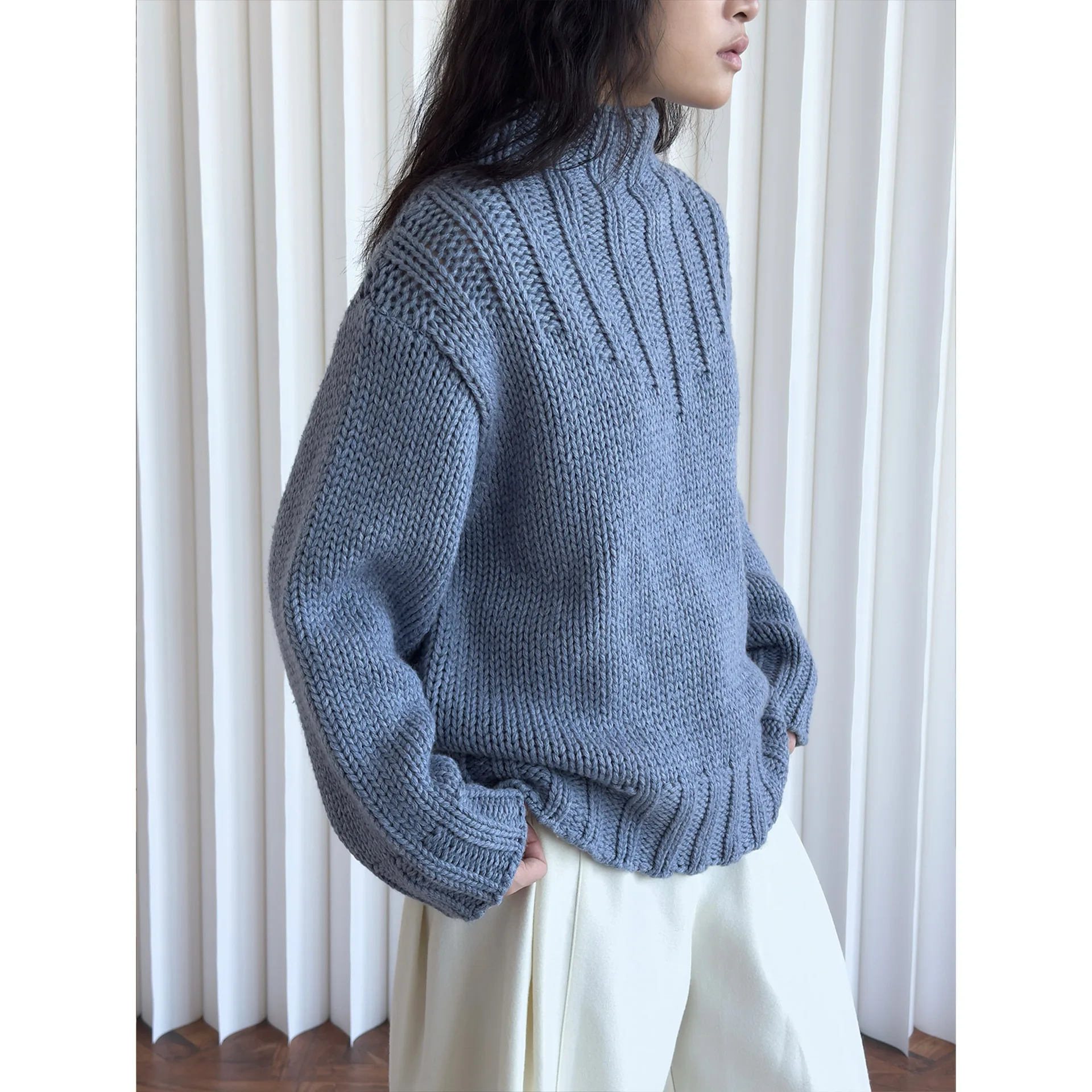 Chunky Turtleneck Sweaters Women Textured Wool Blended High Neck Jumper Pullover Vintage