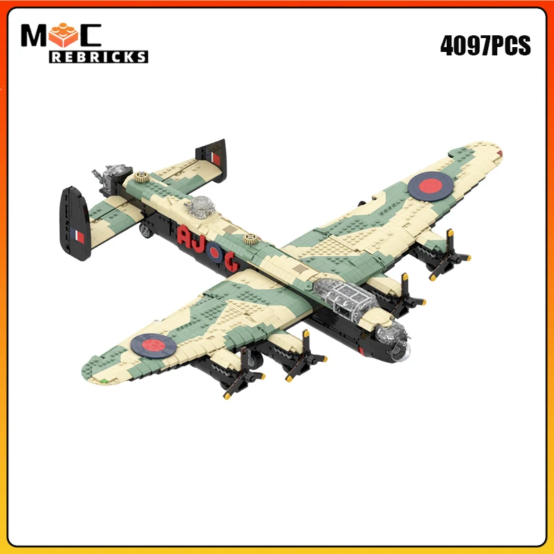 MOC Military Lancaster Heavy Bomber Aircraft WW2 WWII Propeller Warplane Air Force DIY Building Blocks Bricks Toy Model Gift