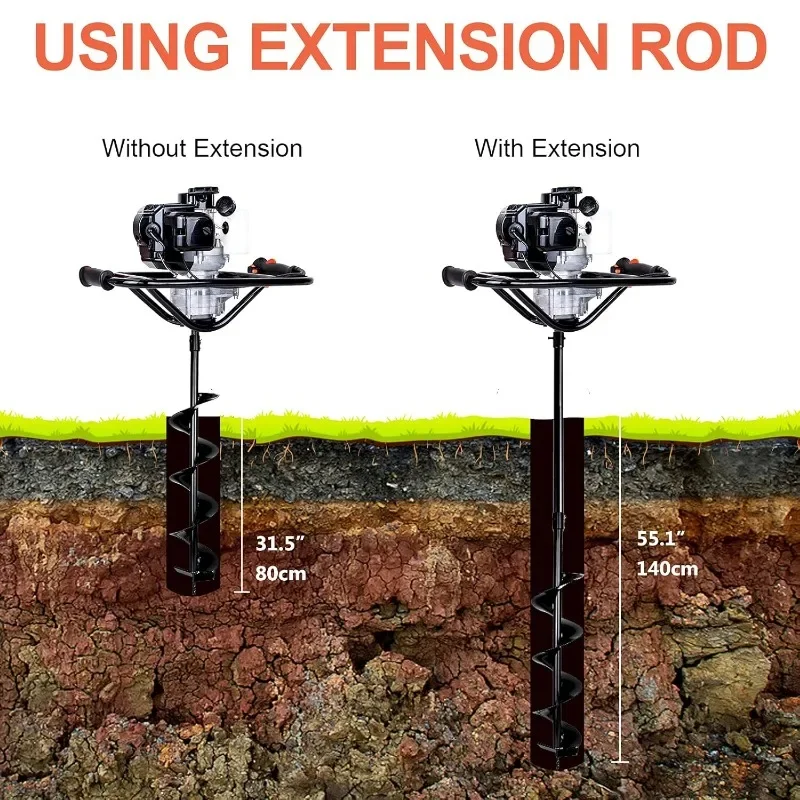 Gas Powered Earth Auger Post Hole Digger, with Drill Bits and Extension Rods, Mixing Ratio for Farmland Garden and Planting