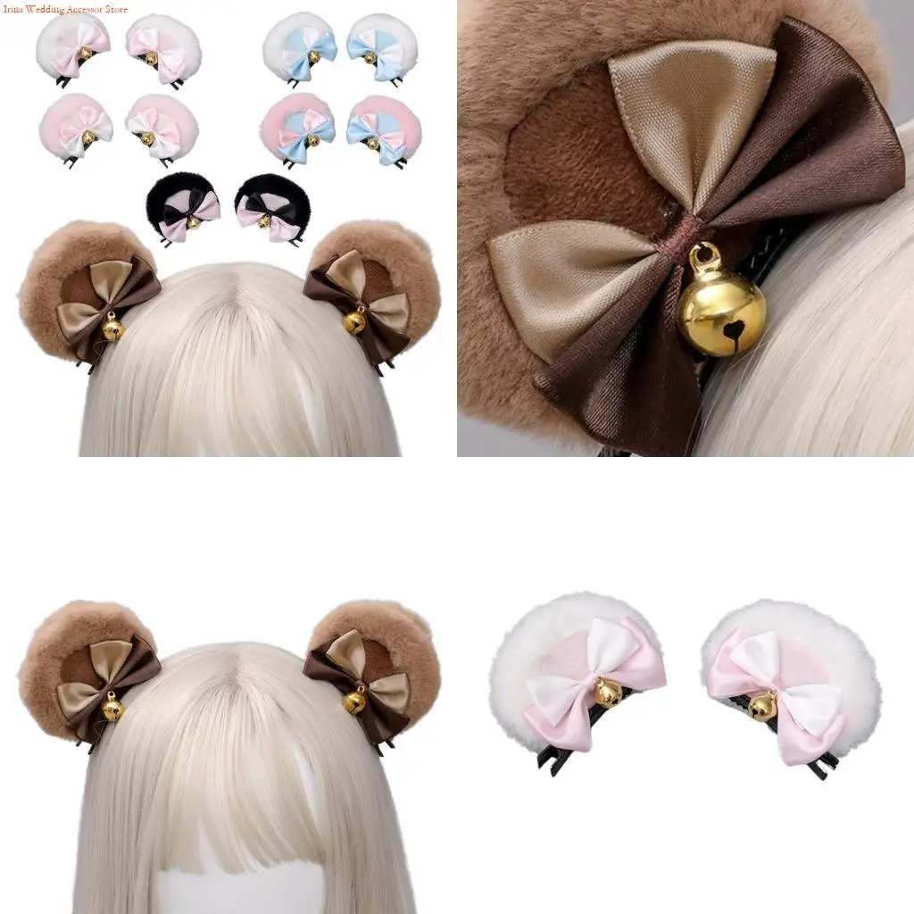 

G92D Handmade Faux Fur Round Bear Ears Hair Clip Sweet Double Bowknot Plush Animal Hairpins Anime Cosplay
