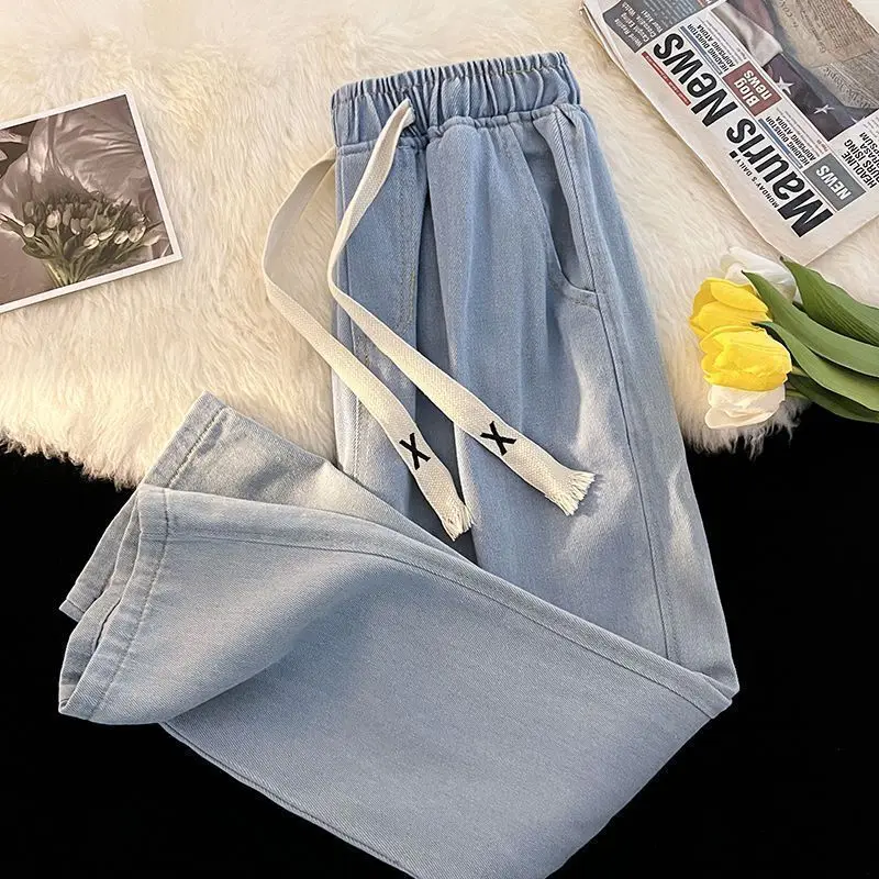 Spring Autumn New Fashion Solid Color Elastic Waist Drawstring Jeans Women's Clothing All-match Loose High Waist Straight Pants