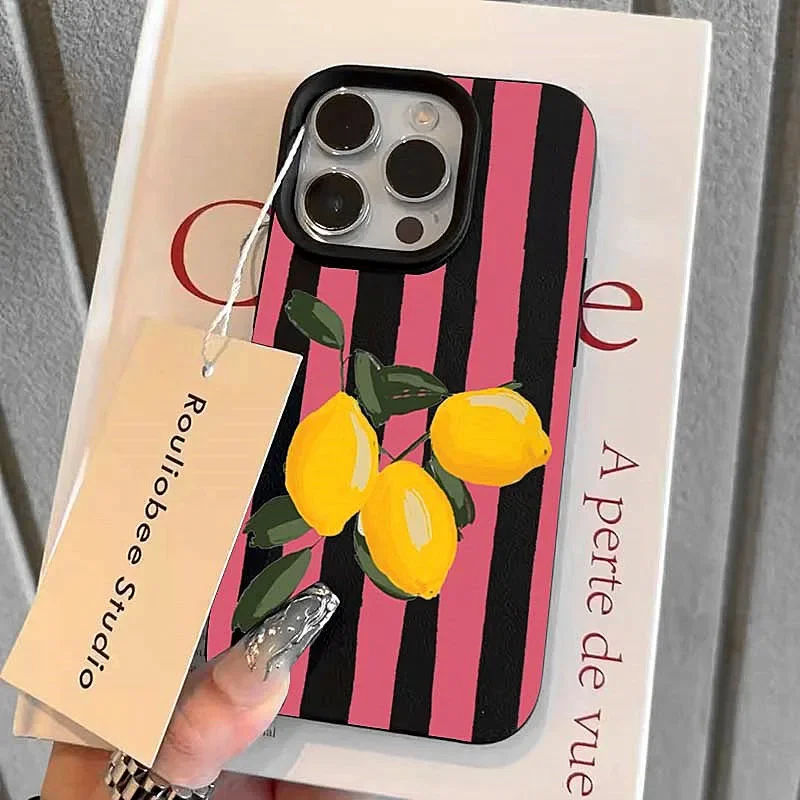 Coque en silicone TPU souple à rayures rose citron pour iPhone 15 Pro Max étuis iPhone 16E 14 13 12 11 16 Plus XS Max XR X XS couverture