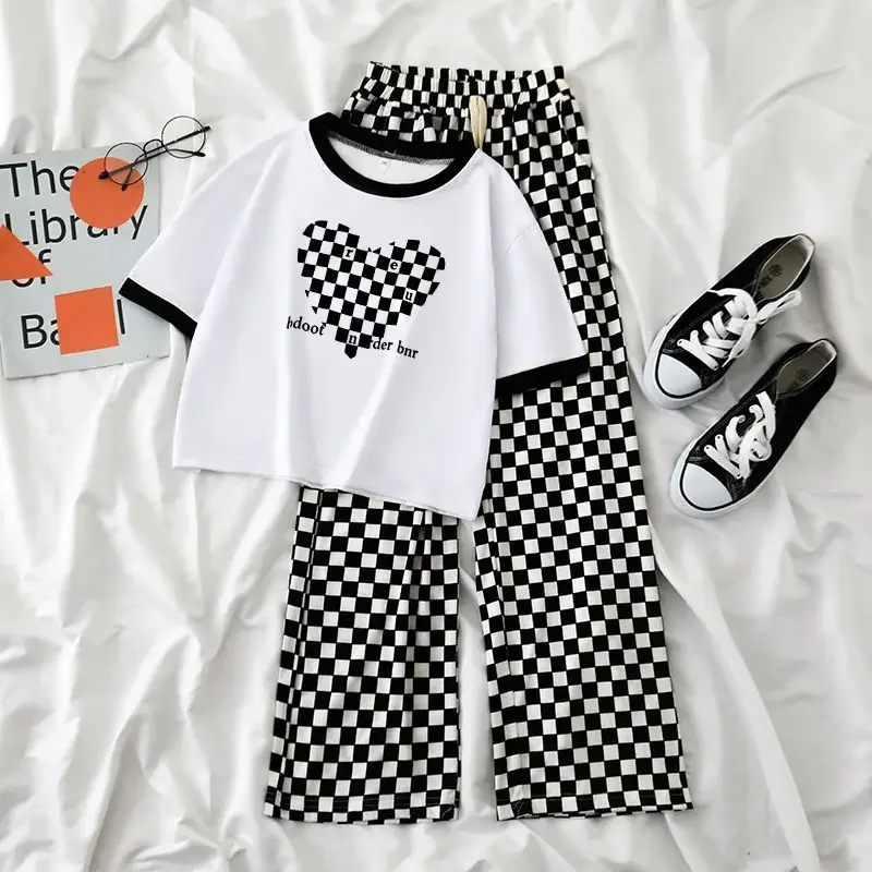 2023 Summer teens Girls Clothes Print Sets Outfits Kids Short Sleeve T-shirt   Long Pants Child tracksuit 2PCS 6 8 10 12  Year