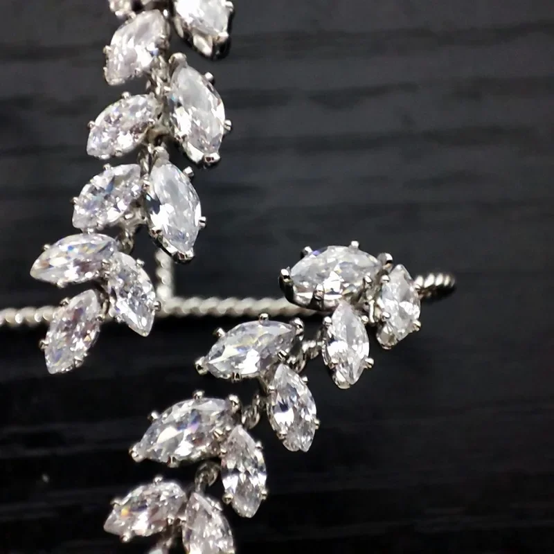 White Zircon Willow Leaf Cross Four Finger Hand Palm Bangles Adjustable Rope Chain Cuff Bracelets Handlets Women Bridal Wedding