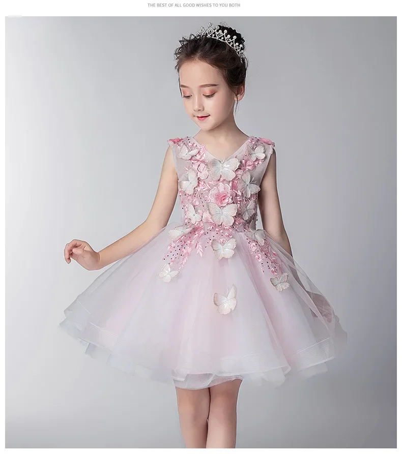 Pink Tulle Kids Dress For Wedding Appliques Flower Girl Party Gown For Christmas Baby Girl First Communion Costumes for Baptism