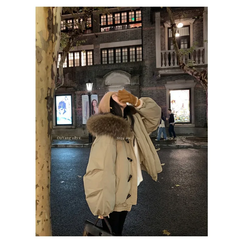 جديد الشتاء مقنعين فضفاض المرأة سميكة سترة قطن الفراء طوق القرن أزرار الكورية نمط طويل الأكمام النساء الملابس