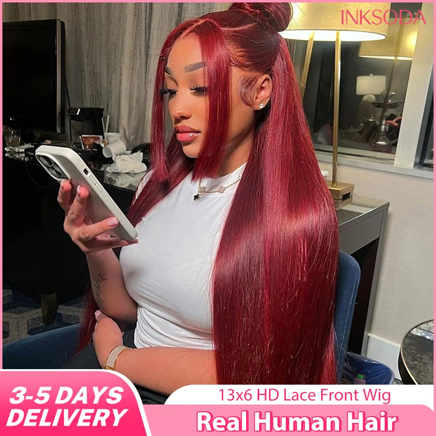 99J Burgundy 13x6 HD Lace Frontal Human Hair Wigs Brazilian Colored 36 Inch 220 Density Straight Red Lace Front Wigs Human Hair