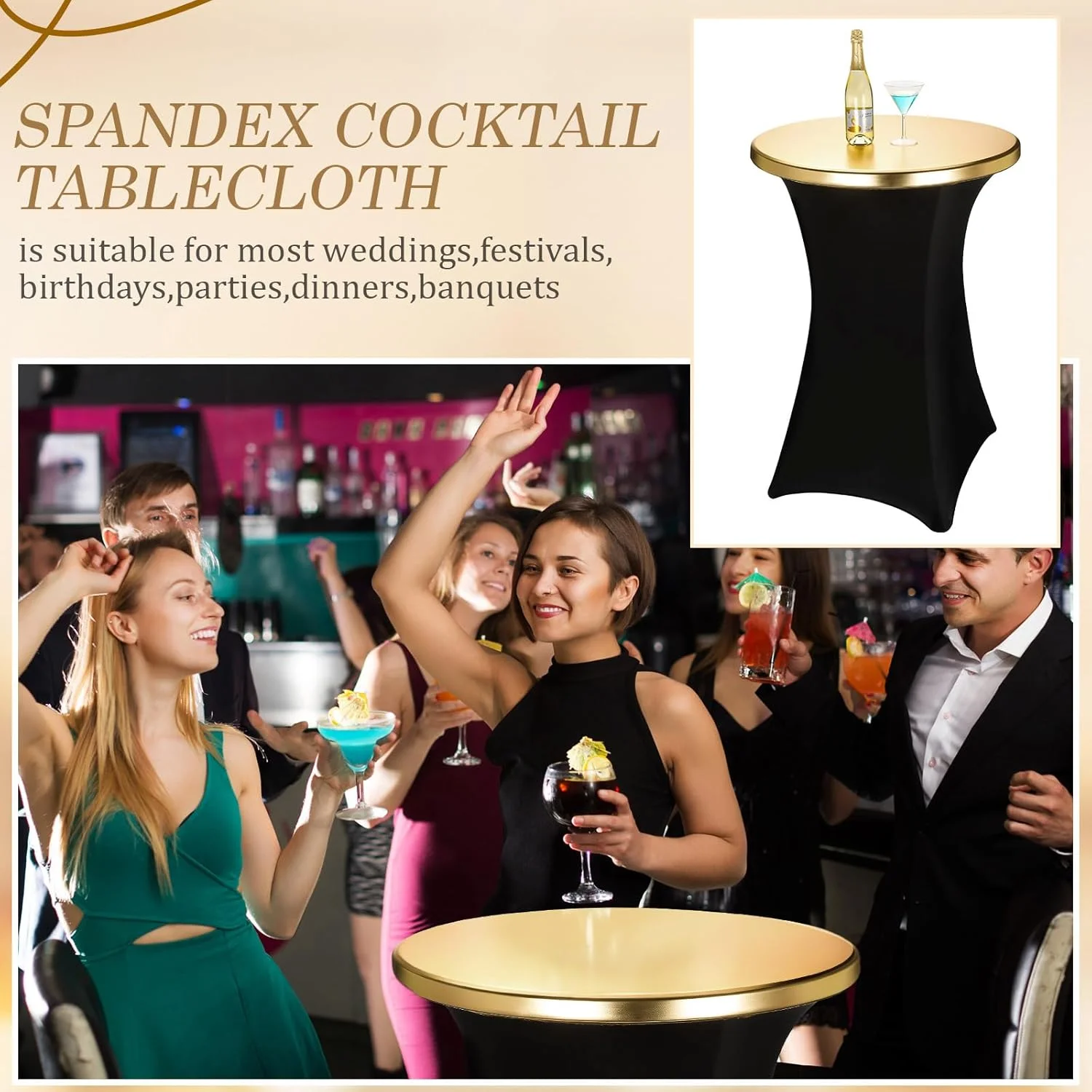 Gold Cocktail Table Topper Cap Stretch Spandex Tablecloth for Round Table Elastic Tablecloth for Bar Pub Wedding Party Banquet 5